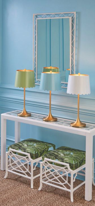 Mirasol table lamps in green, sky blue and white PHOTO COURTESY OF MEG BRAFF X WILDWOOD