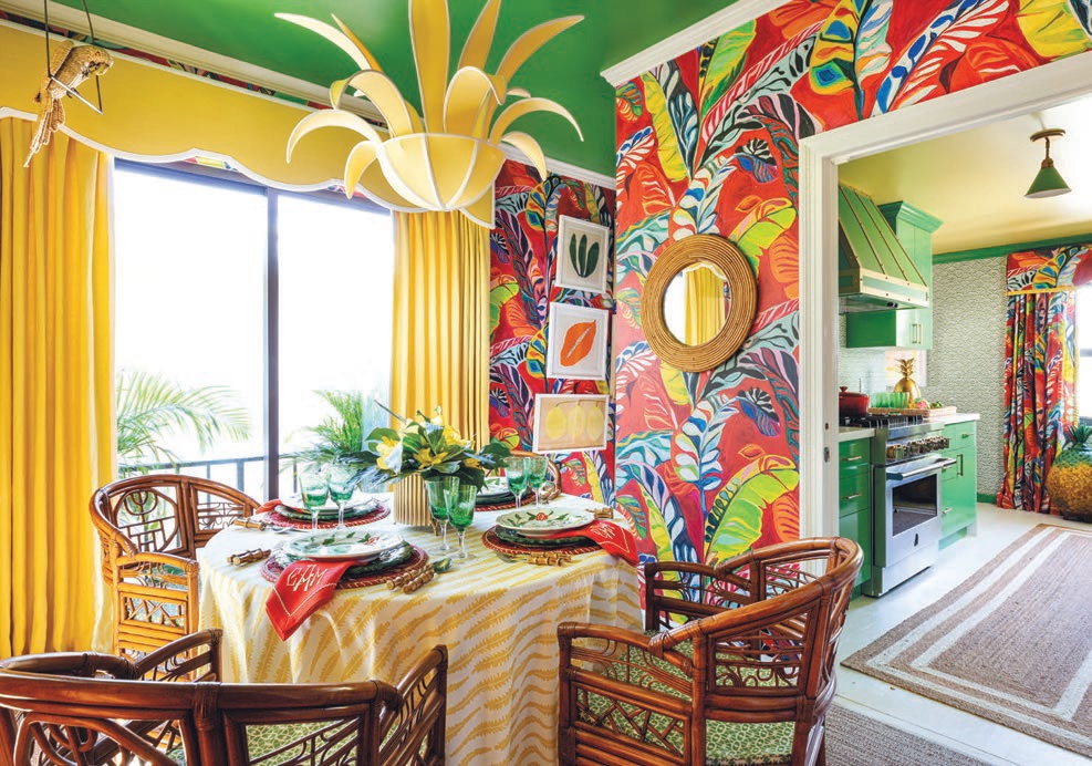 Catherine M. Austin incorporated Martinique Celebration! wallpaper by Voutsa and CW Stockwell into her stairwell and living room. PHOTOGRAPHED BY NICKOLAS SARGENT/SARGENT PHOTOGRAPHY